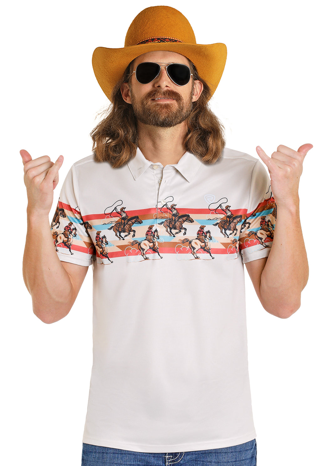 Rock & Roll Dale Brisby Roping Border Print Polo Cream