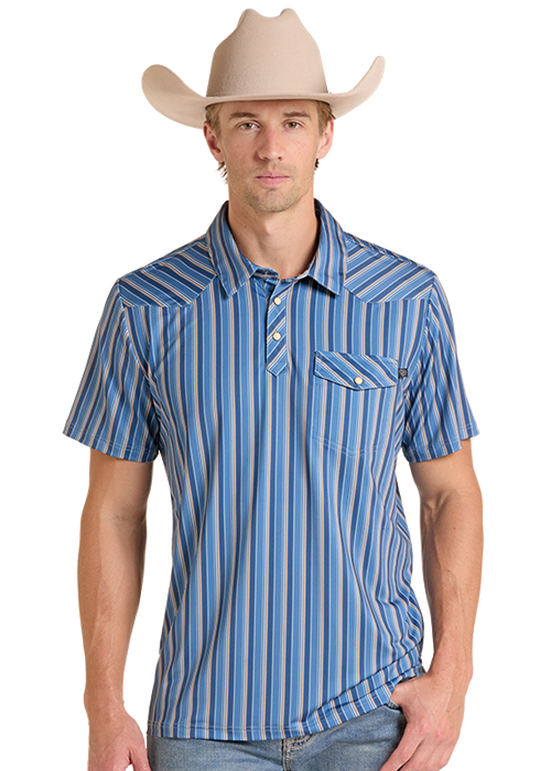 Rock & Roll Striped Western Vintage Polo Blue