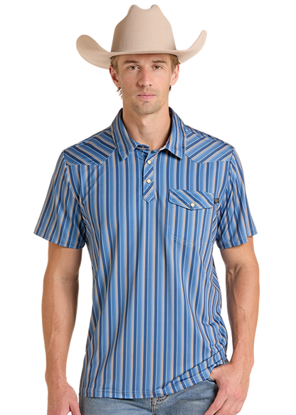 Rock & Roll Striped Western Vintage Polo Blue