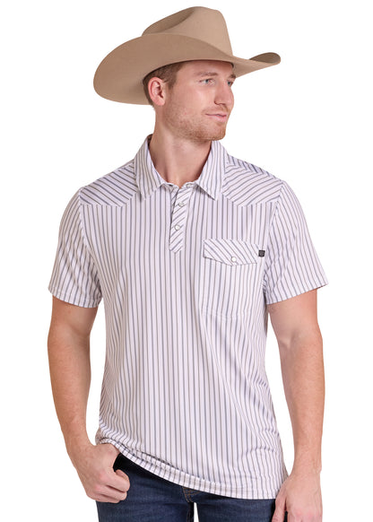 Rock & Roll Striped Western Vented Polo White