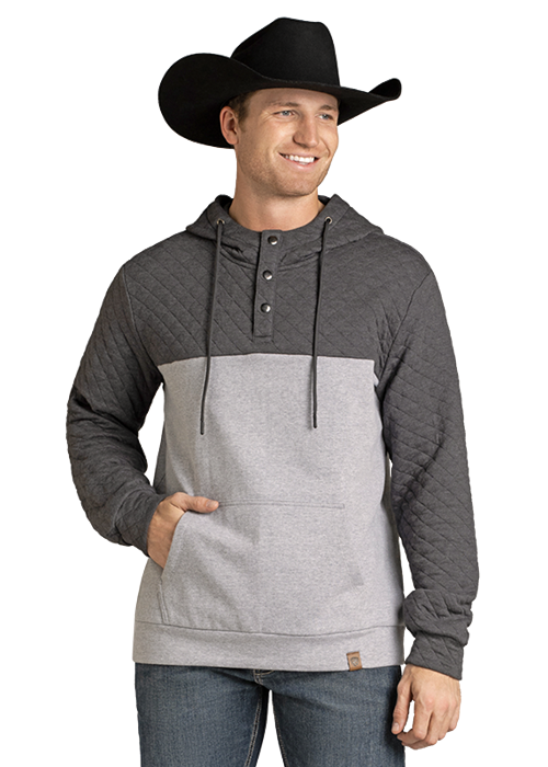 Powder River Quilted 2-Tone Henley Hoodie Grey