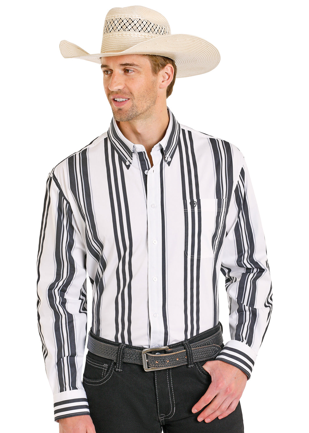 Rock & Roll Vintage Stripe Black & White Long Sleeve Button Down