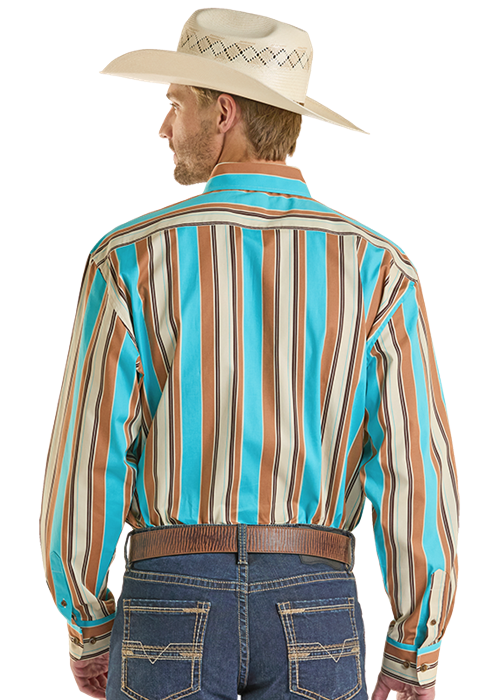 Rock & Roll Stripe Printed Long Sleeve Button Down Shirt Teal