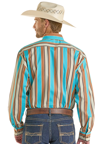 Rock & Roll Stripe Printed Long Sleeve Button Down Shirt Teal