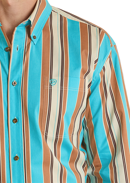 Rock & Roll Stripe Printed Long Sleeve Button Down Shirt Teal
