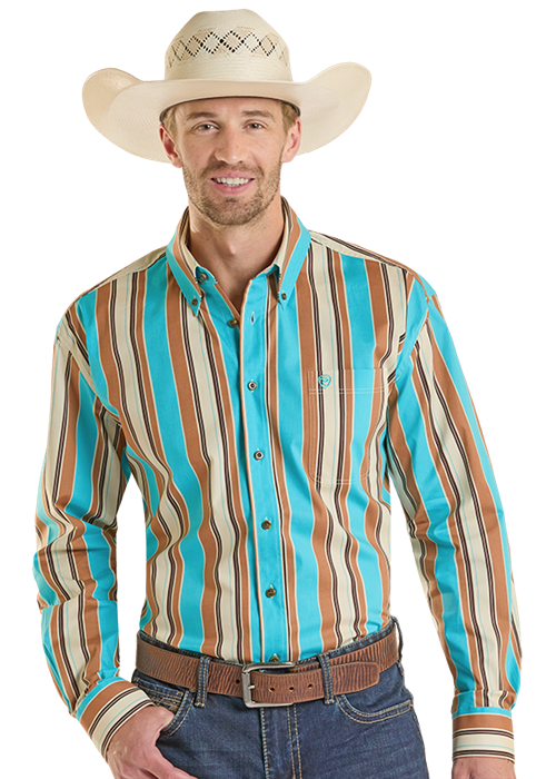 Rock & Roll Stripe Printed Long Sleeve Button Down Shirt Teal