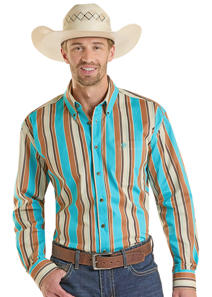 Rock & Roll Stripe Printed Long Sleeve Button Down Shirt Teal