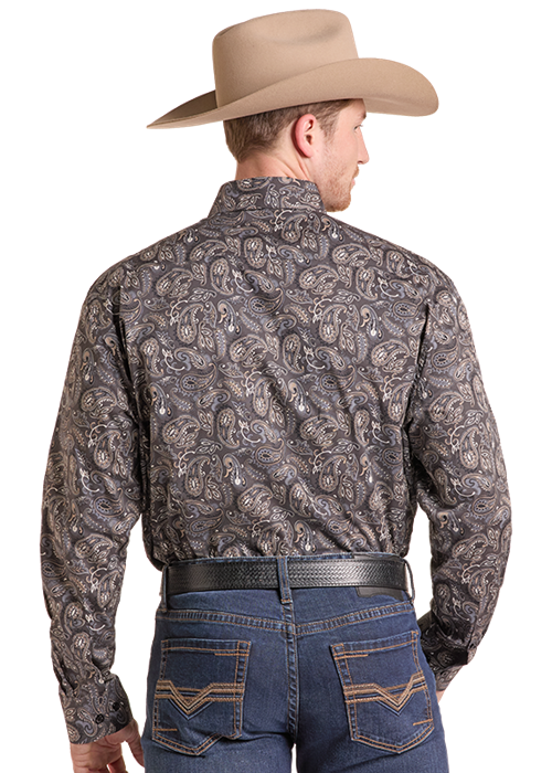 Rock & Roll Paisley Printed Long Sleeve Button Down Shirt Charcoal