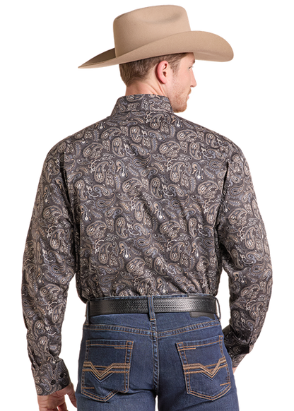 Rock & Roll Paisley Printed Long Sleeve Button Down Shirt Charcoal