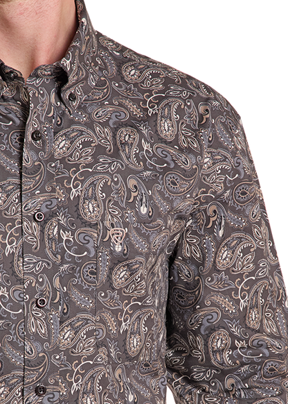 Rock & Roll Paisley Printed Long Sleeve Button Down Shirt Charcoal