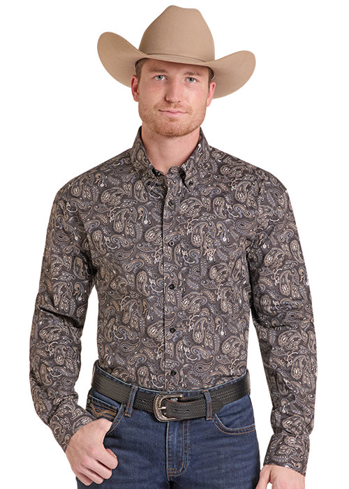 Rock & Roll Paisley Printed Long Sleeve Button Down Shirt Charcoal