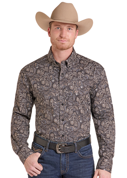 Rock & Roll Paisley Printed Long Sleeve Button Down Shirt Charcoal