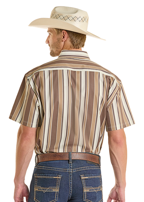 Rock & Roll Stripe Printed Short Sleeve Button Down Shirt Brown