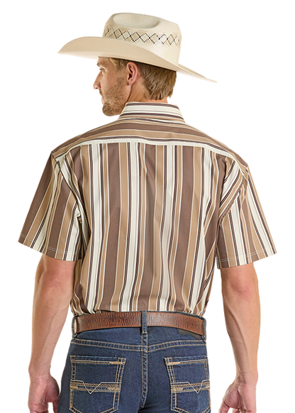 Rock & Roll Stripe Printed Short Sleeve Button Down Shirt Brown