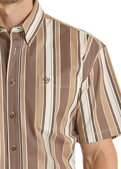 Rock & Roll Stripe Printed Short Sleeve Button Down Shirt Brown
