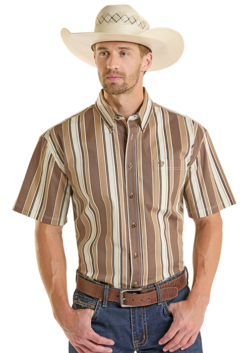 Rock & Roll Stripe Printed Short Sleeve Button Down Shirt Brown