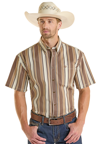 Rock & Roll Stripe Printed Short Sleeve Button Down Shirt Brown
