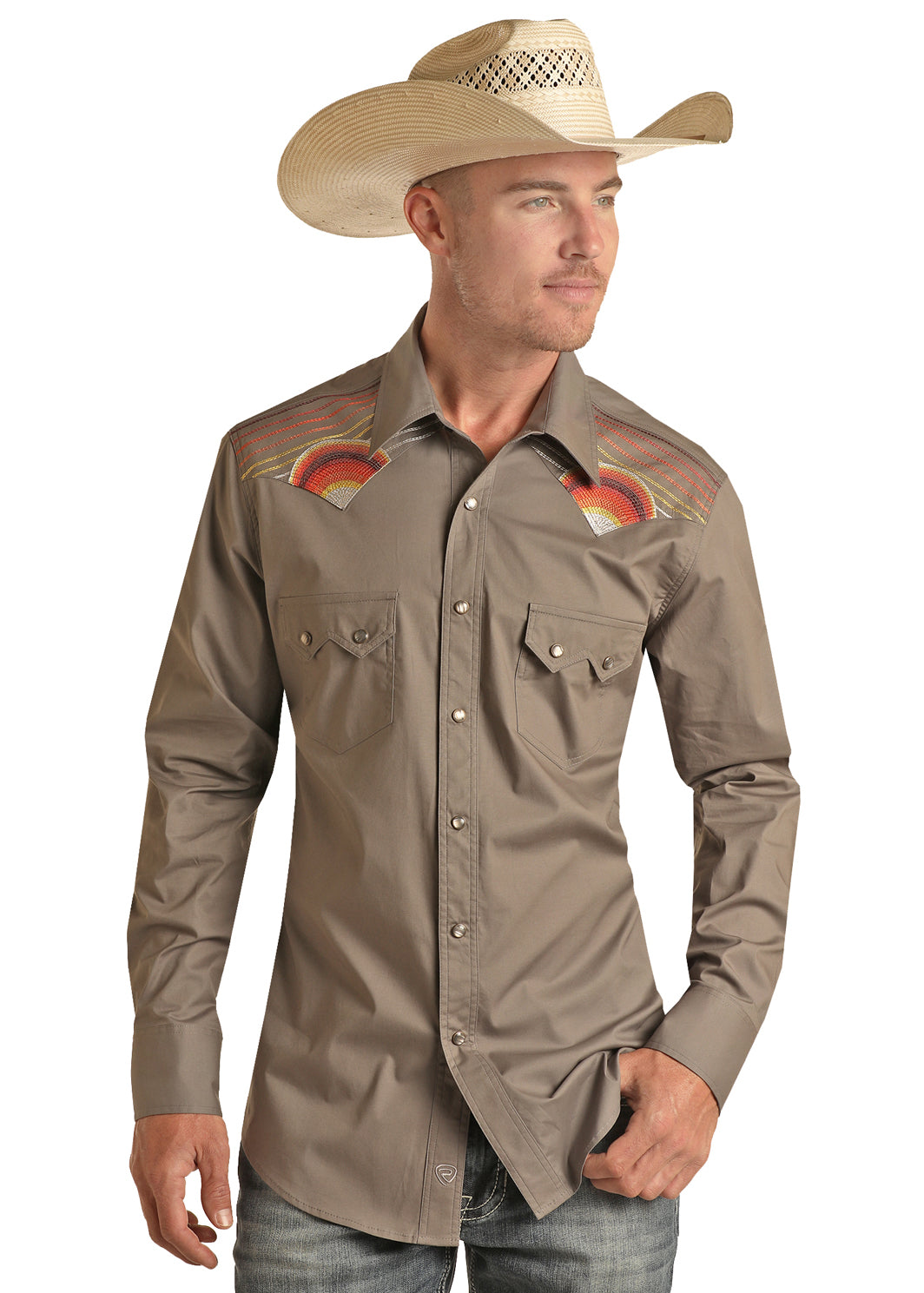 Rock & Roll Sunset Embroidery Long Sleeve Snap