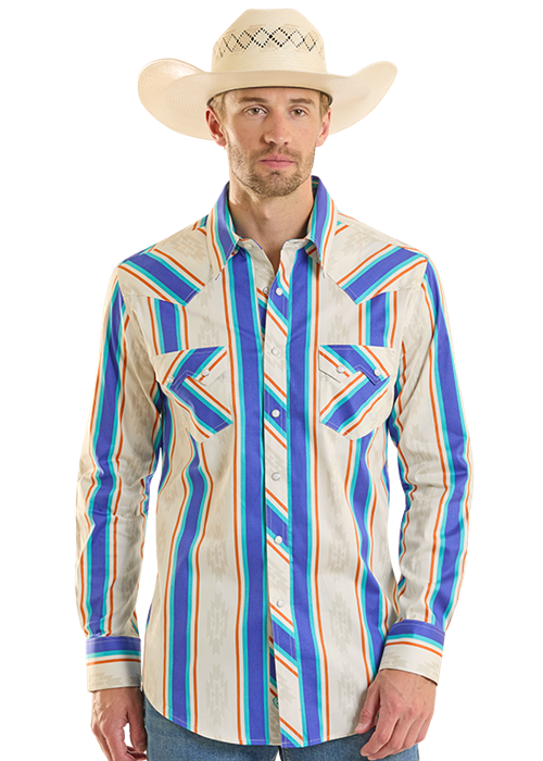 Rock & Roll Striped Brushed Poppper Shirt Blue