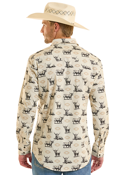 Rock & Roll Highland Print Long Sleeve Snap Shirt Tan