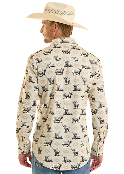 Rock & Roll Highland Print Long Sleeve Snap Shirt Tan