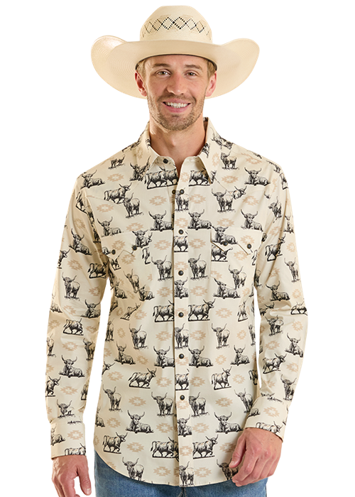 Rock & Roll Highland Print Long Sleeve Snap Shirt Tan
