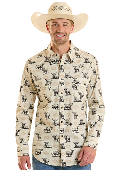 Rock & Roll Highland Print Long Sleeve Snap Shirt Tan