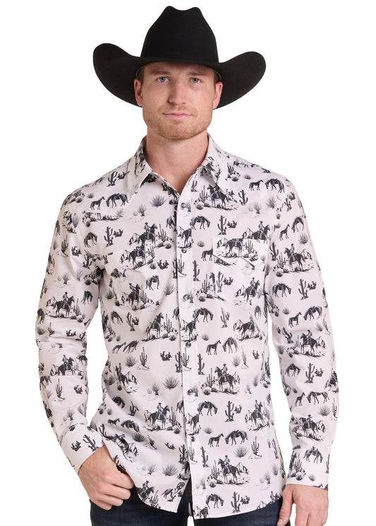 Rock & Roll Black & White Cowboys in the Desert Print Long Sleeve Snap Shirt
