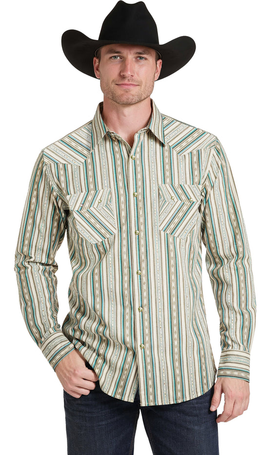 Rock & Roll Striped Print Long Sleeve Snap Shirt Teal/Natural