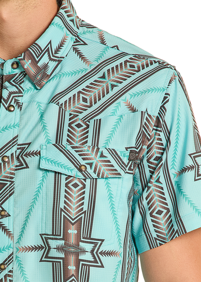Rock & Roll Tek Ripstop Short Sleeve Aztec Print Aqua