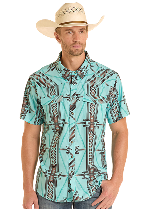 Rock & Roll Tek Ripstop Short Sleeve Aztec Print Aqua