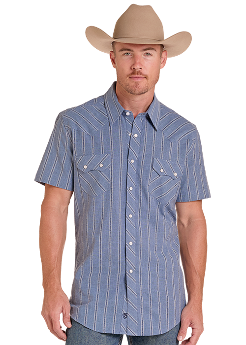 Rock & Roll Dobby Yarn Dye Short Sleeve Snap Shirt Blue