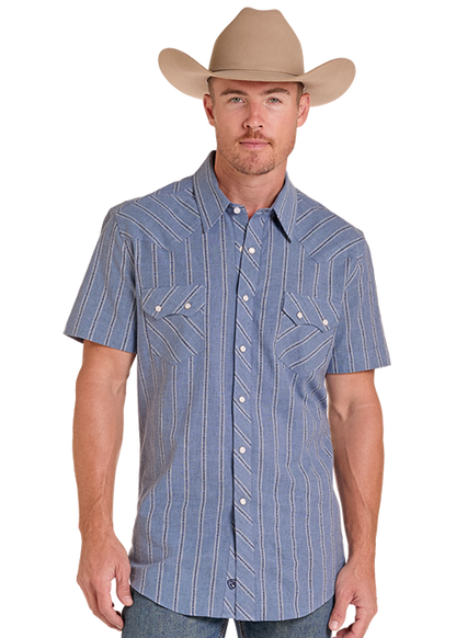 Rock & Roll Dobby Yarn Dye Short Sleeve Snap Shirt Blue