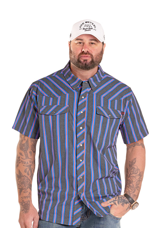 Rock & Roll X Koe Wetzel Modern Fit Striped Snap Tek Shirt Charcoal/Blue
