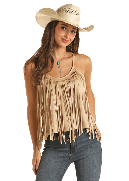 Panhandle Suede Tank with Fringe Tan