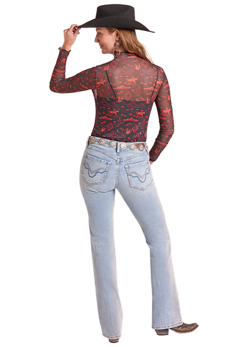 Rock & Roll Western Desert Print Mesh Top Black
