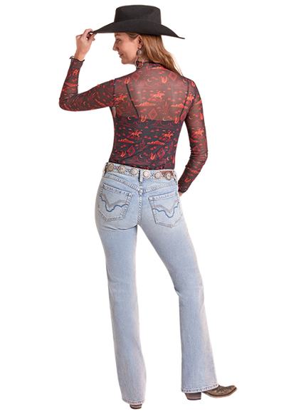 Rock & Roll Western Desert Print Mesh Top Black