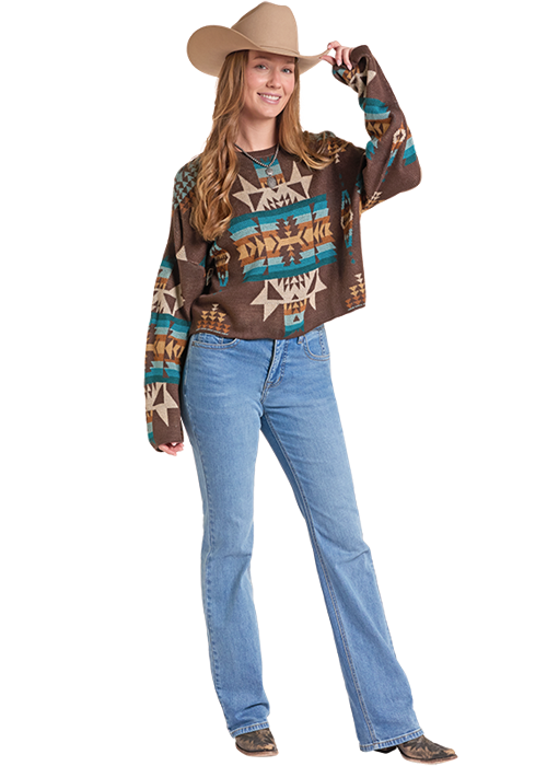 Rock & Roll Aztec Print Crewneck Sweater Java