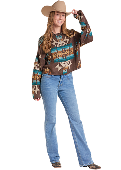 Rock & Roll Aztec Print Crewneck Sweater Java