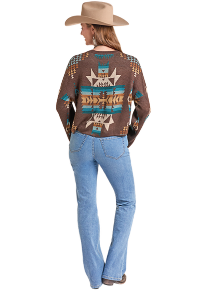 Rock & Roll Aztec Print Crewneck Sweater Java