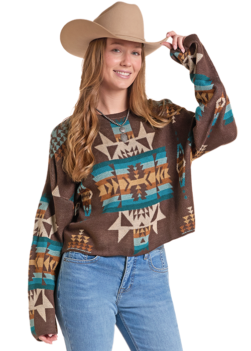 Rock & Roll Aztec Print Crewneck Sweater Java