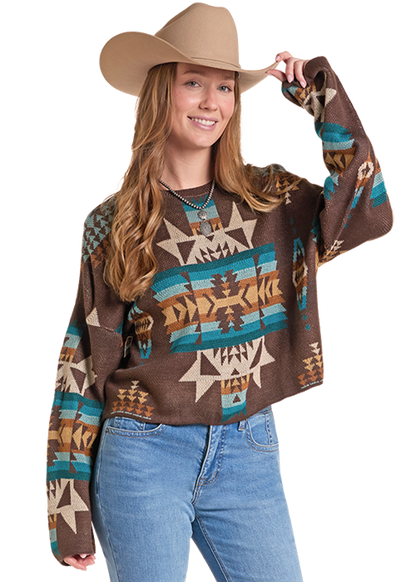 Rock & Roll Aztec Print Crewneck Sweater Java