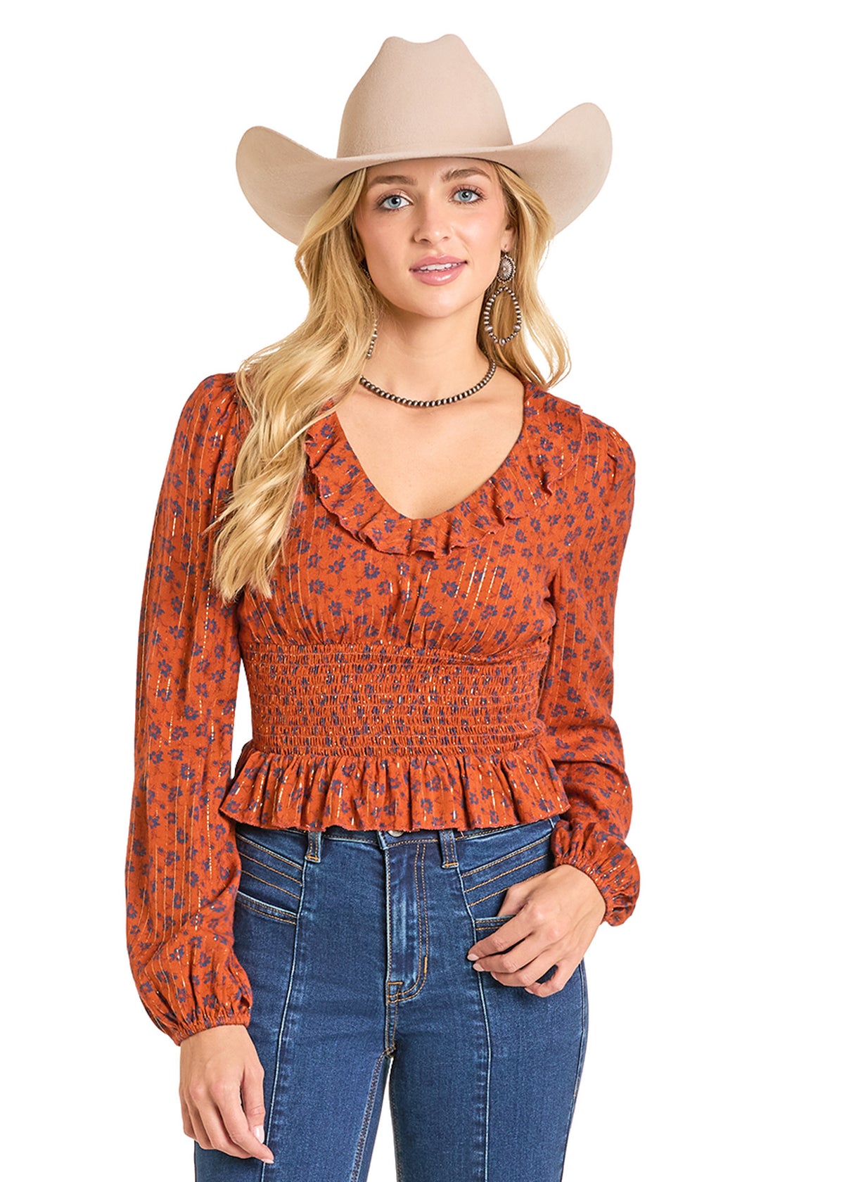 Rock & Roll Rust Blouse with Smocked Bodice