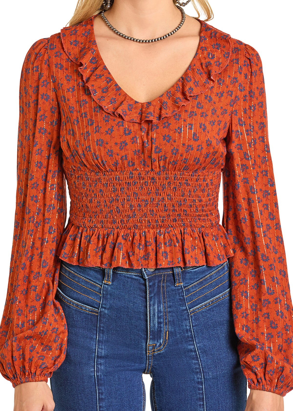 Rock & Roll Rust Blouse with Smocked Bodice