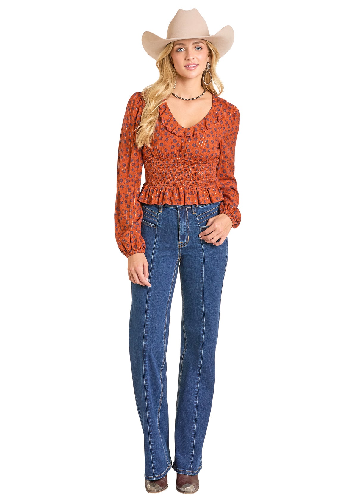 Rock & Roll Rust Blouse with Smocked Bodice
