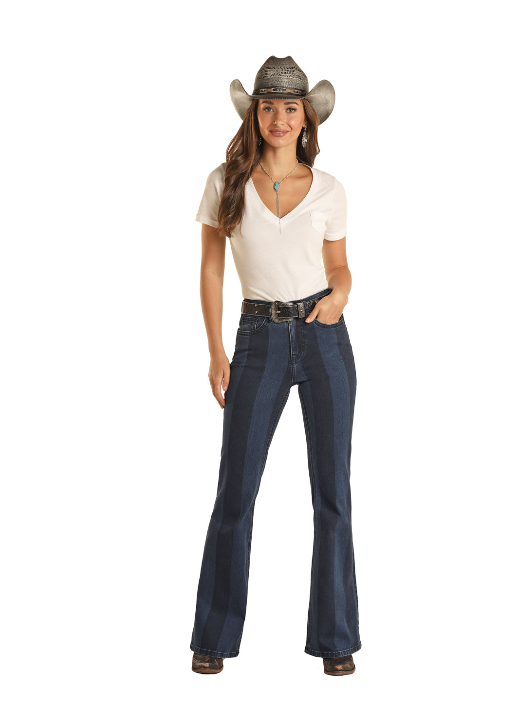 Rock & Roll Dark Stripe High Rise Trouser
