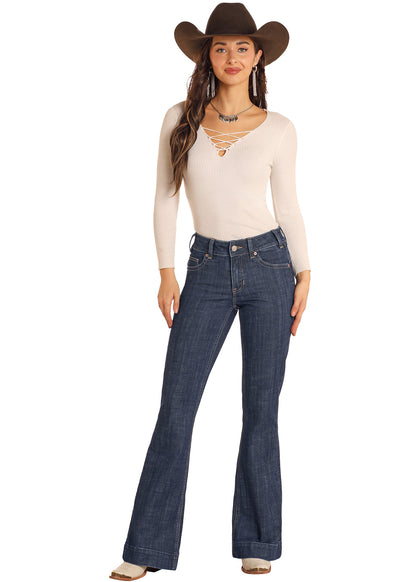 Rock & Roll Diamond Belt Loop Mid Rise Trouser Dark Wash