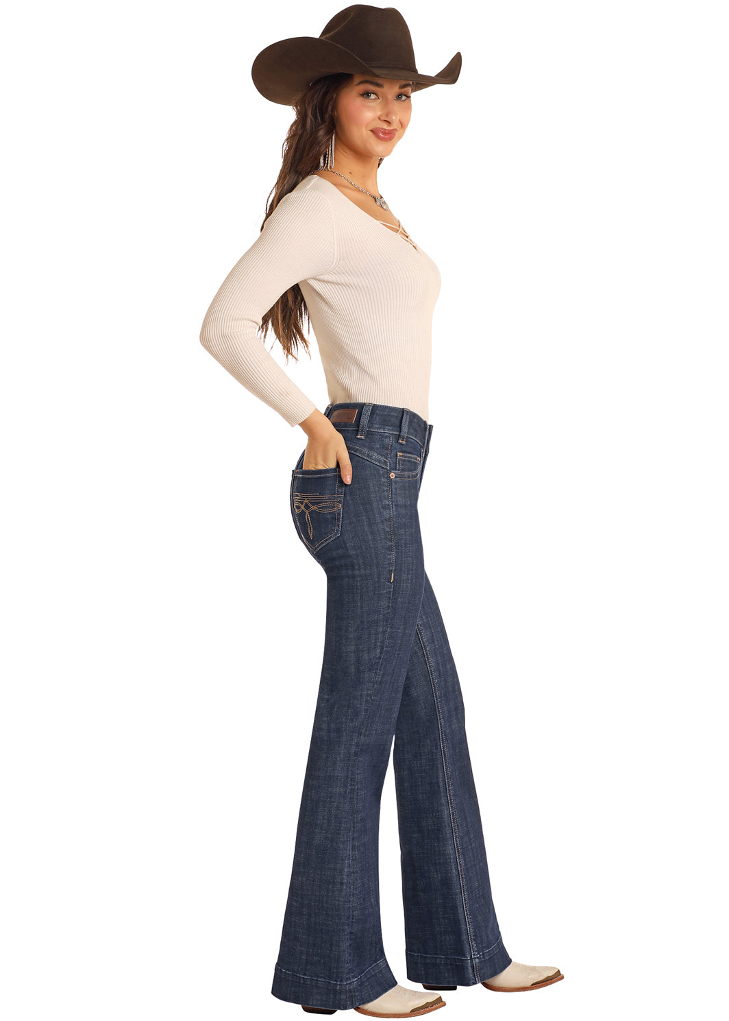 Rock & Roll Diamond Belt Loop Mid Rise Trouser Dark Wash