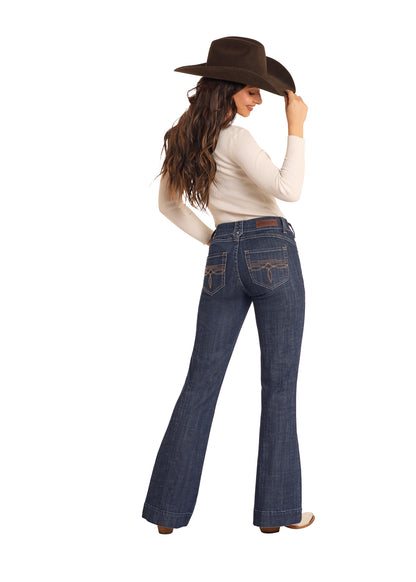 Rock & Roll Diamond Belt Loop Mid Rise Trouser Dark Wash