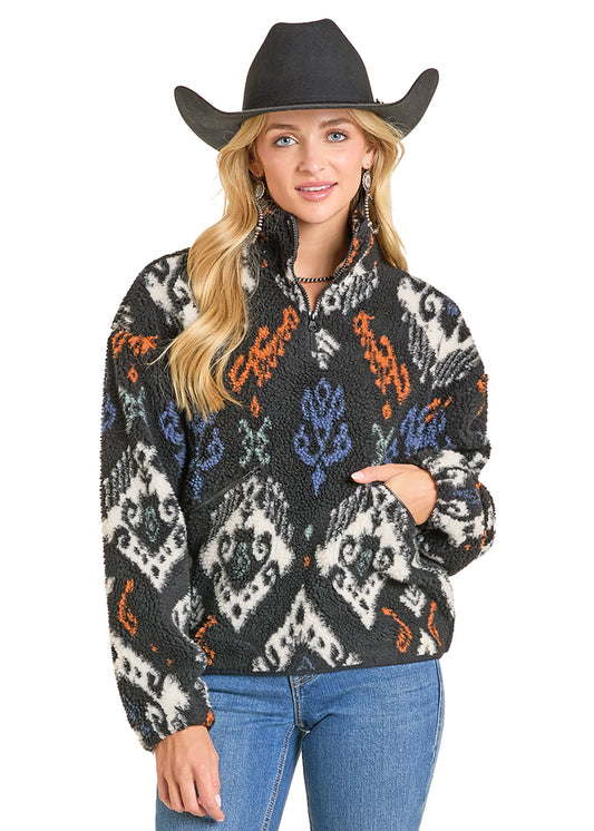 Rock & Roll Aztec Print Sherpa 1/4 Zip Pullover Black